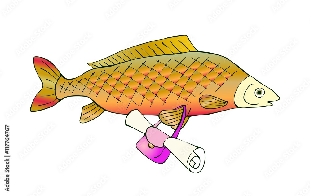 Fresh water fish carp with bag. Vector cute cartoon illustration. Stock  Vector