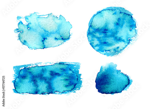 Vector natural blue watercolor labels and shapes on white background. Hand drawn painted stains set.