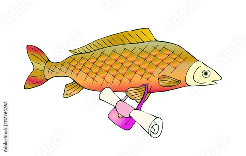 Fresh water fish carp with bag. Vector cute cartoon illustration.