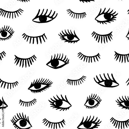 Hand drawn eye doodles seamless pattern in retro style. Vector beauty illustration of open and close eyes for cards, textiles, wallpapers, backgrounds.