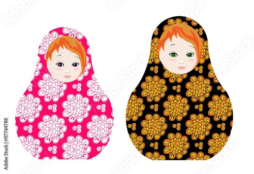 Cute russian dolls - matrioshka. Beautiful toys with floral ornament. Vector illustration.