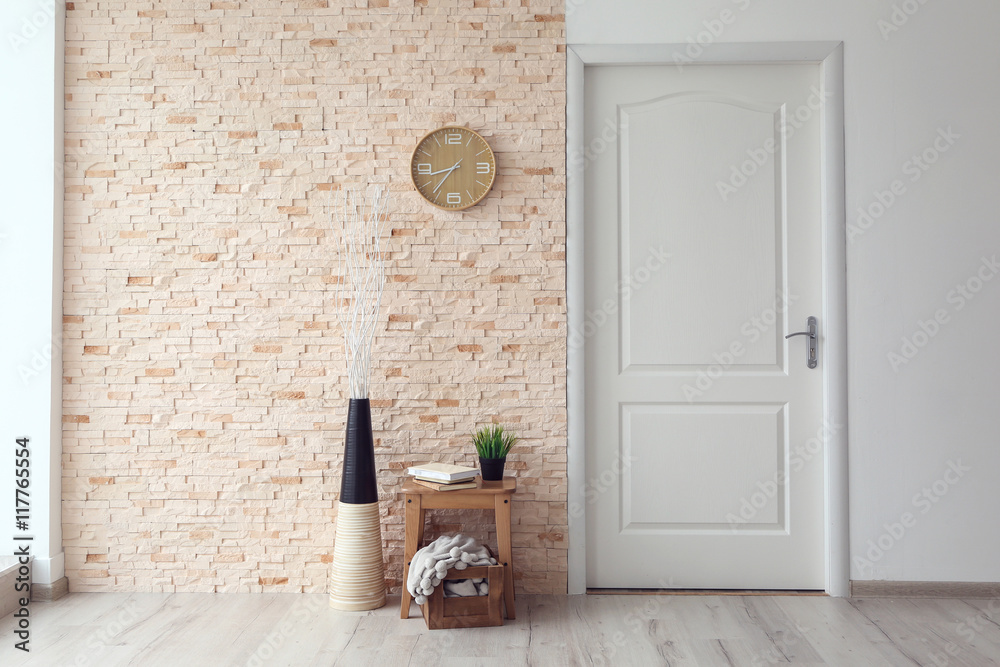 Fototapeta premium Modern decoration with white door in room interior