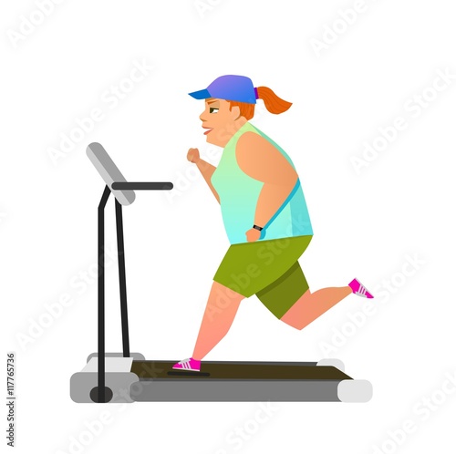 Obese young woman running on treadmill.