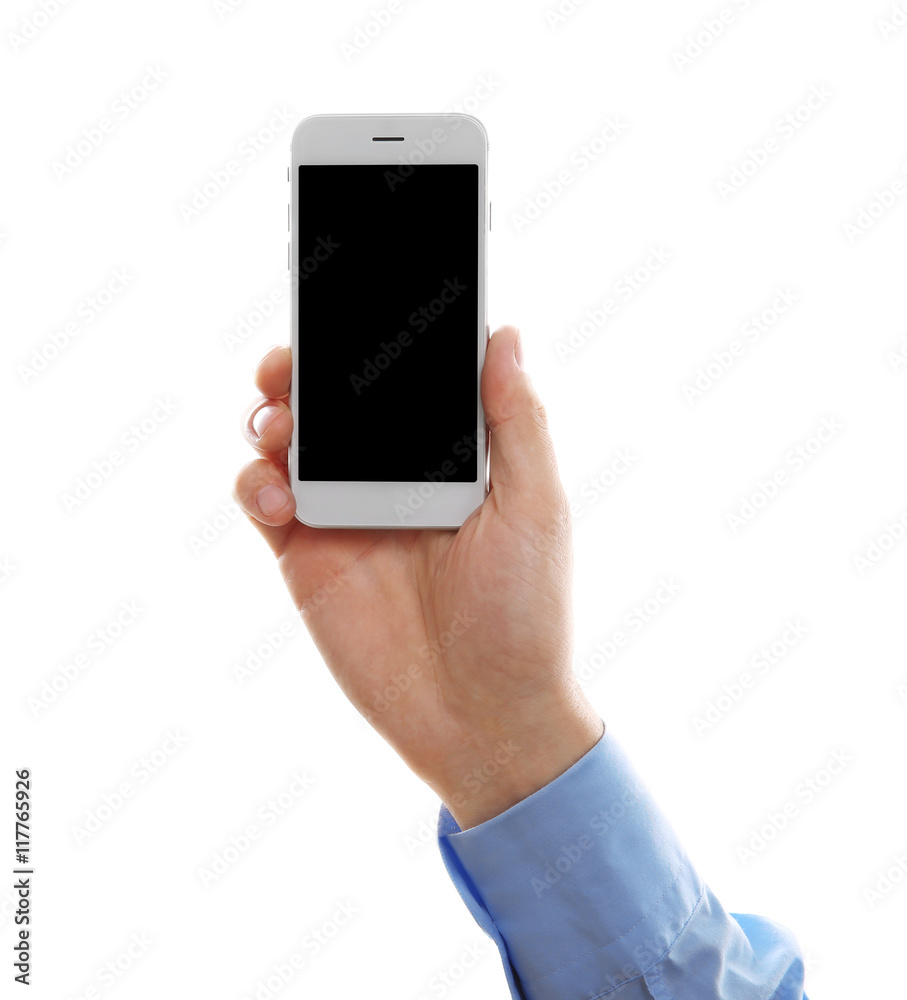 Man hand holding smartphone, isolated on white Man hand holding smartphone, isolated on white