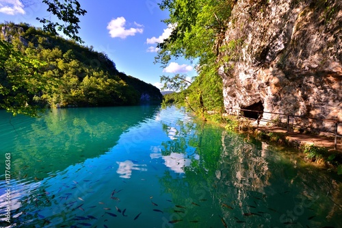 Blue waters with reflections at Plitvice Lakes National Park  Croatia