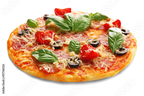 Tasty pizza with olives and basil, isolated on white