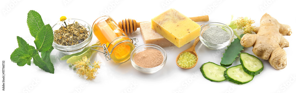 Natural ingredients for skin care on white background - obrazy, fototapety, plakaty 