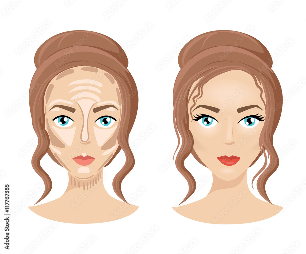 Foundation concealer matte bronzer. Make up face How to contour face. Three steps of professional contouring: highlight, contour and blend. Foundation concealer matte bronzer. Make up face How to contour face. Three steps of professional contouring: highlight, contour and blend.