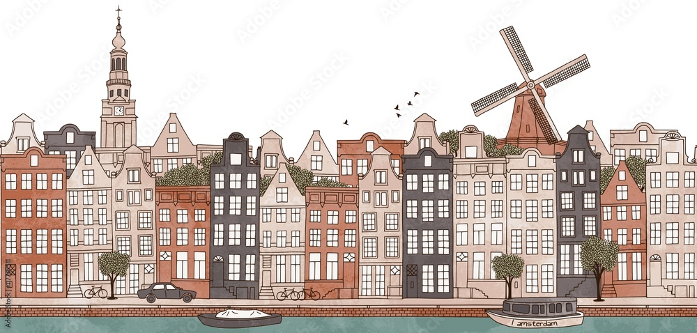 Naklejka premium Amsterdam, Holandia - bez szwu transparent z panoramą Amsterdamu, ręcznie rysowane i cyfrowo kolorowa ilustracja tuszem