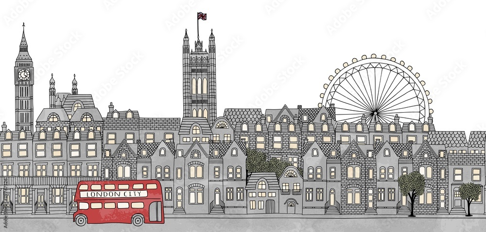 Naklejka premium Londyn, Wielka Brytania - bezszwowe transparent panoramę Londynu, ręcznie rysowane i cyfrowo kolorowy atrament ilustracja