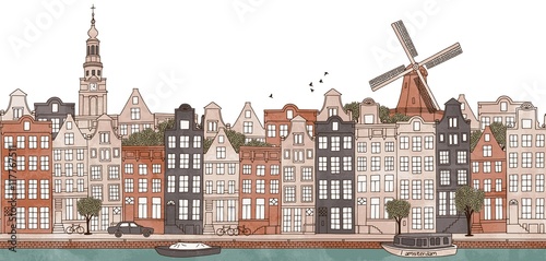 Amsterdam, Netherlands - seamless banner of Amsterdam's skyline, hand drawn and digitally colored ink illustration