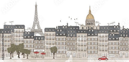 Paris, France - seamless banner of Paris's skyline, hand drawn and digitally colored ink illustration