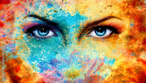 A pair of beautiful blue women eyes beaming, color rust effect, 