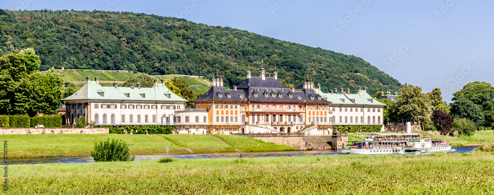 Pillnitzer Schloss mit Raddampfer in der Elbe