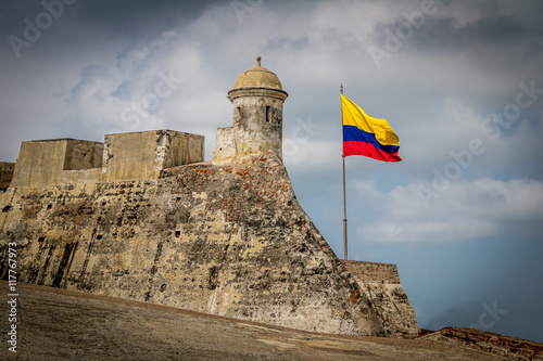 Castillo de San Felipe and colombian flag - Cartagena de Indias, Colombia photo