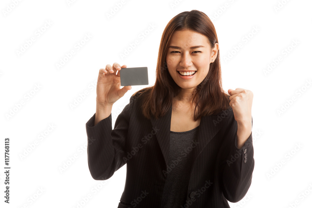 Young Asian business woman fist pump with blank card. Young Asian business woman fist pump with blank card.