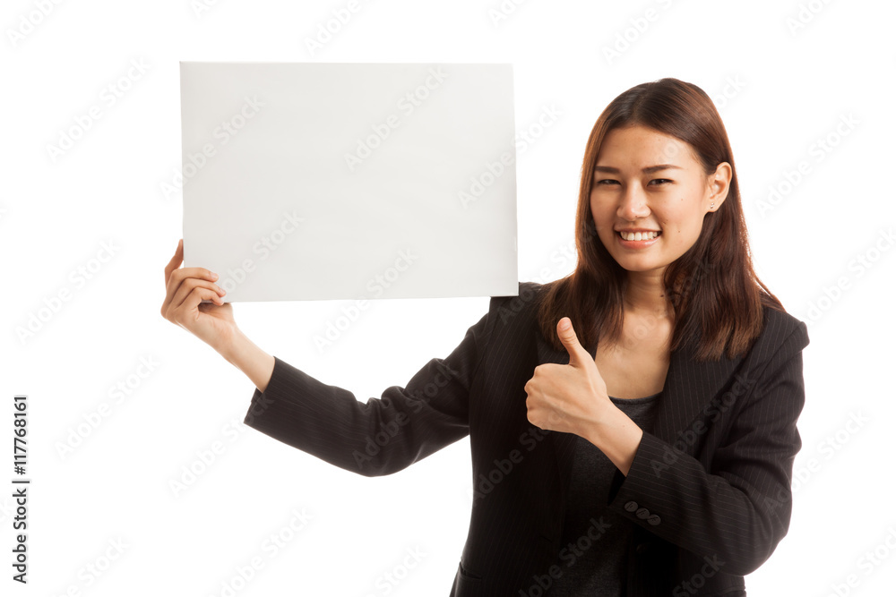 Young Asian business woman show thumbs up with white blank sign Young Asian business woman show thumbs up with white blank sign
