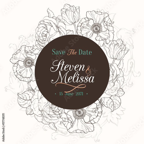 Vector Vintage Chocolate Brown Vintage Floral Drawing Wedding Invitation With...