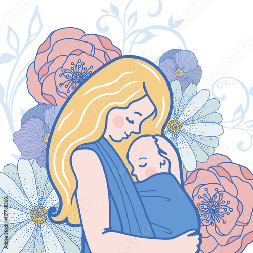 Vector Babywearing Illustration With Mother Hugging Baby In a Sling. Detailed Flowers on Background. 