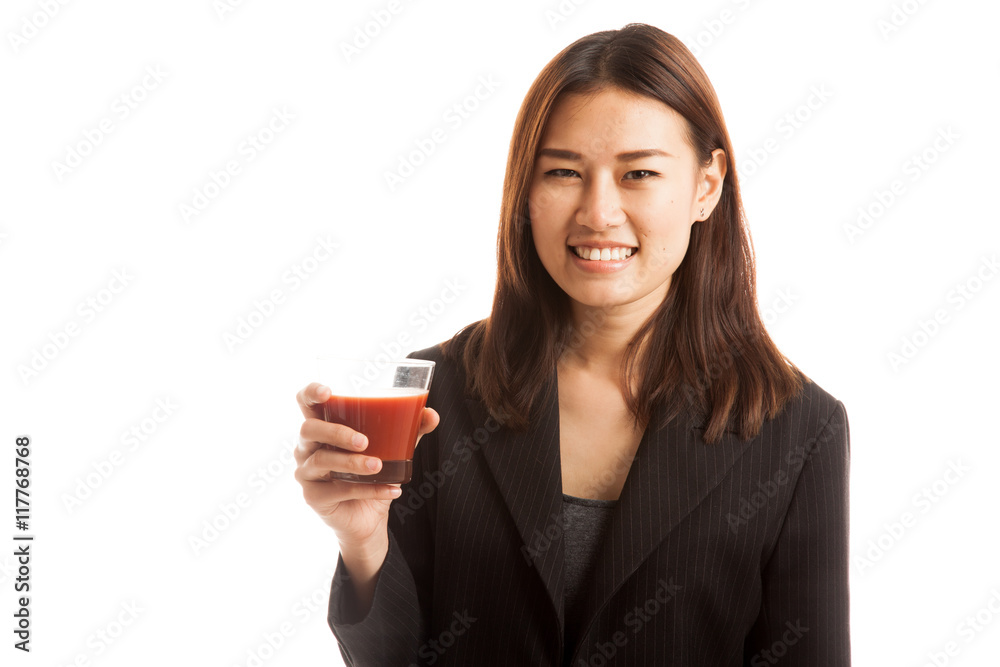Young Asian business woman drink tomato juice. Young Asian business woman drink tomato juice.