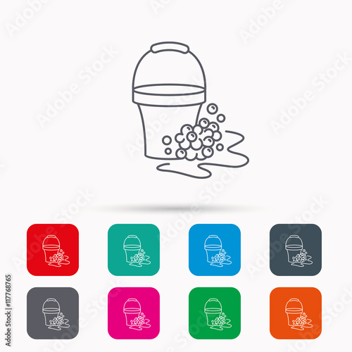 Soapy cleaning icon. Bucket with foam and bubble.