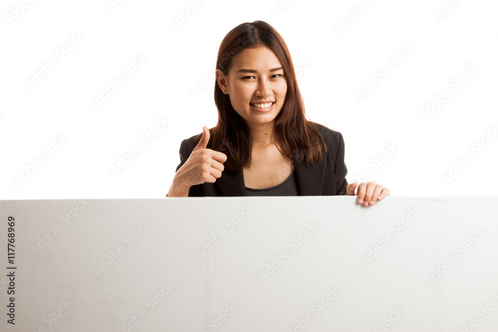 Young Asian woman show thumbs up with blank sign. Young Asian woman show thumbs up with blank sign.