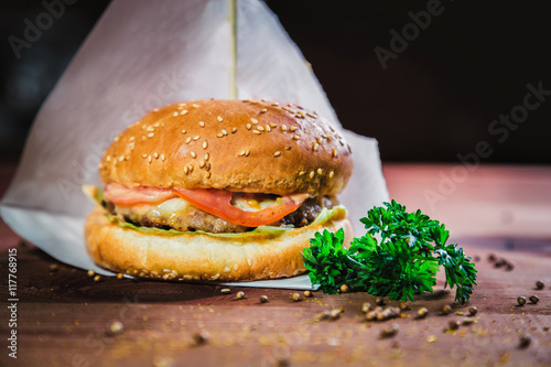 hamburger on a wooden background  fast food restaurant