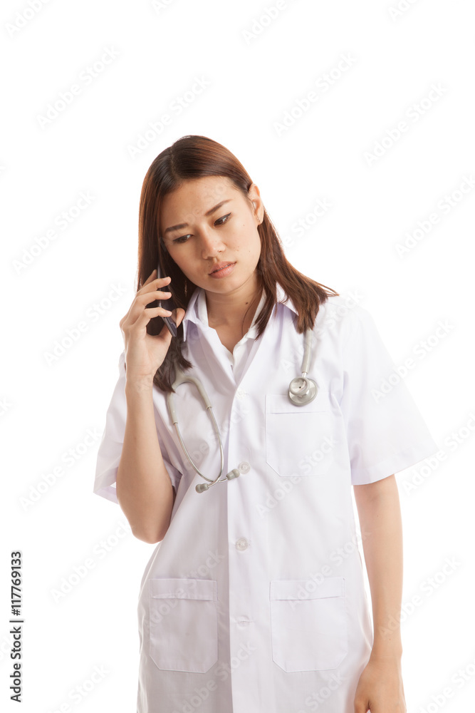 Asian young doctor woman with stethoscope use mobile phone. Asian young doctor woman with stethoscope use mobile phone.