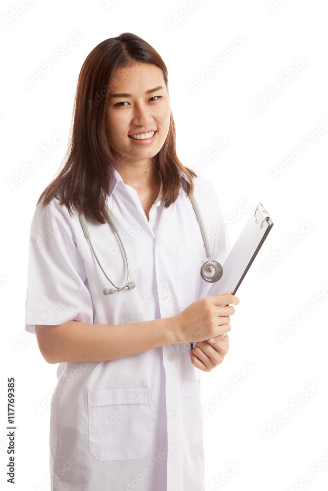 Young Asian female doctor hold a clipboard. Young Asian female doctor hold a clipboard.