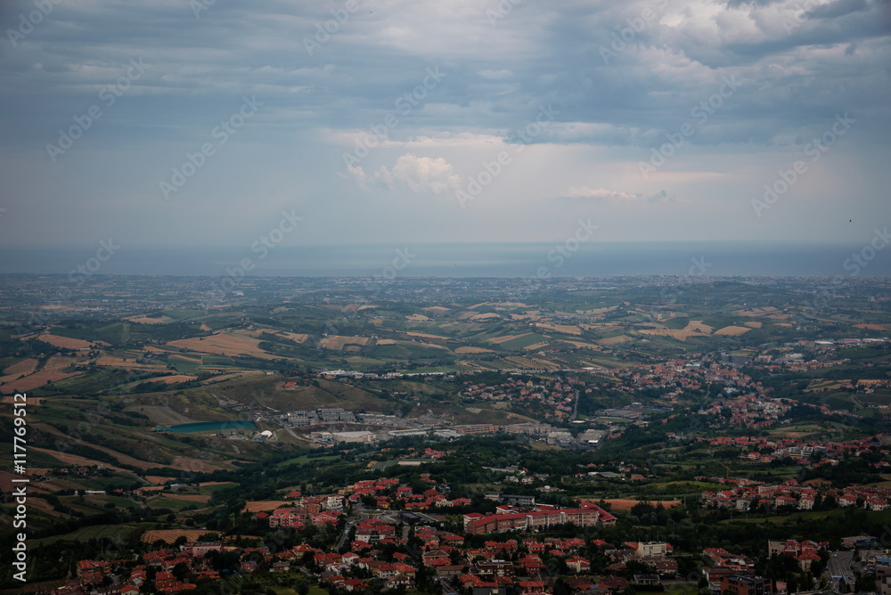 Modern San Marino Suburban districts and Italian hills view from