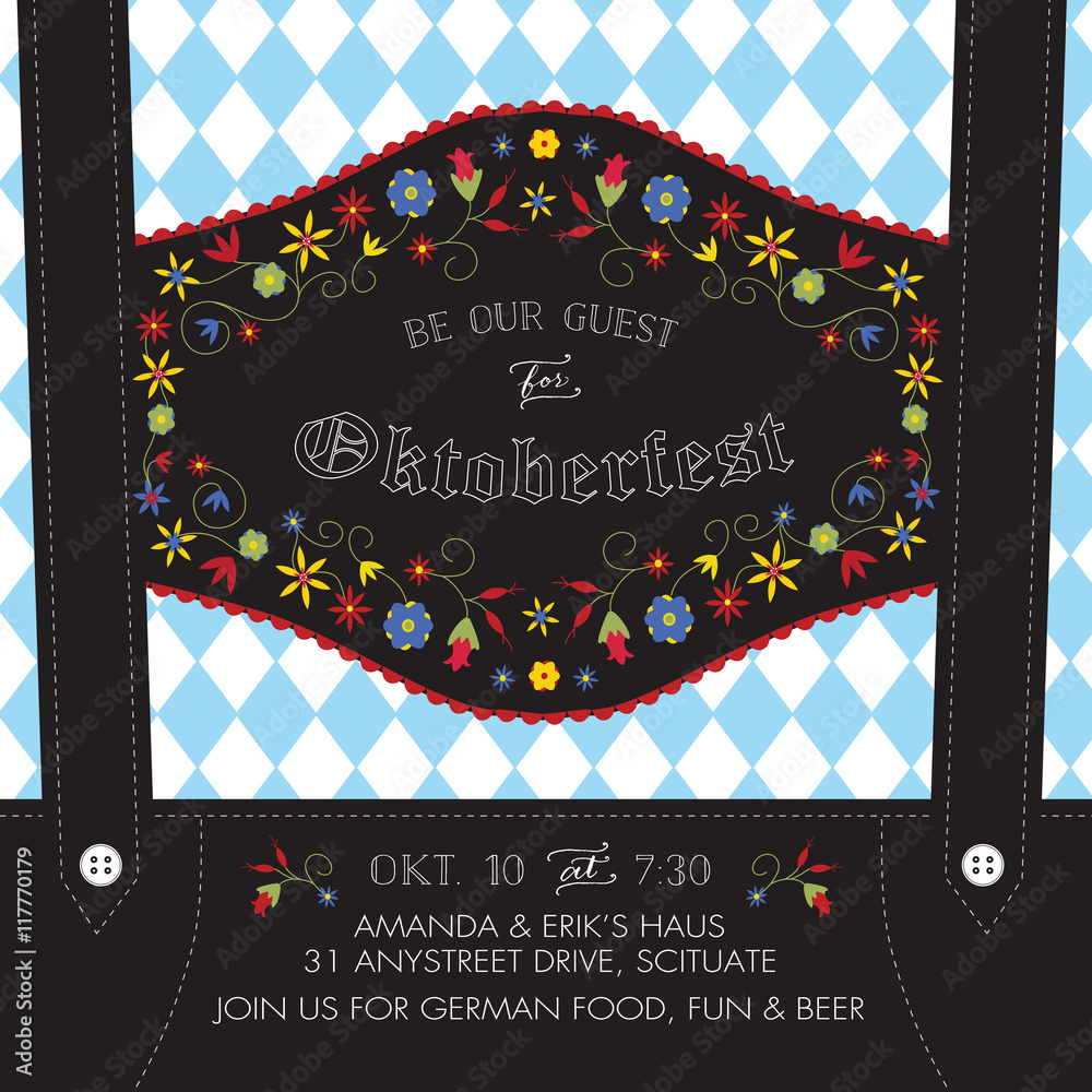 Φωτογραφία Oktoberfest Invitation Template with Lederhosen Suspenders, Flowers, and Bavaria