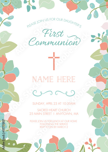 First Communion, Baptism, Christening Invitation Card Template - Floral Design with Cross