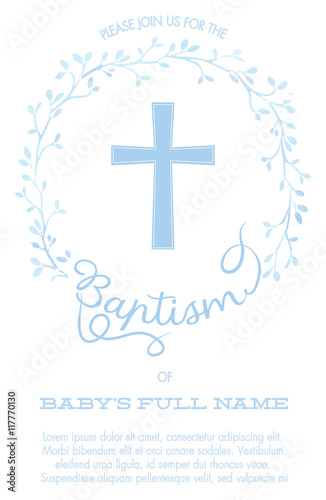 Fototapete Baptism, Christening Invitation with Cross and Watercolor Floral Wreath - White