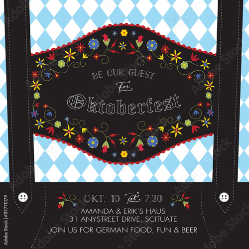 Oktoberfest Invitation Template with Lederhosen Suspenders, Flowers, and Bavarian Flag - Vector photo