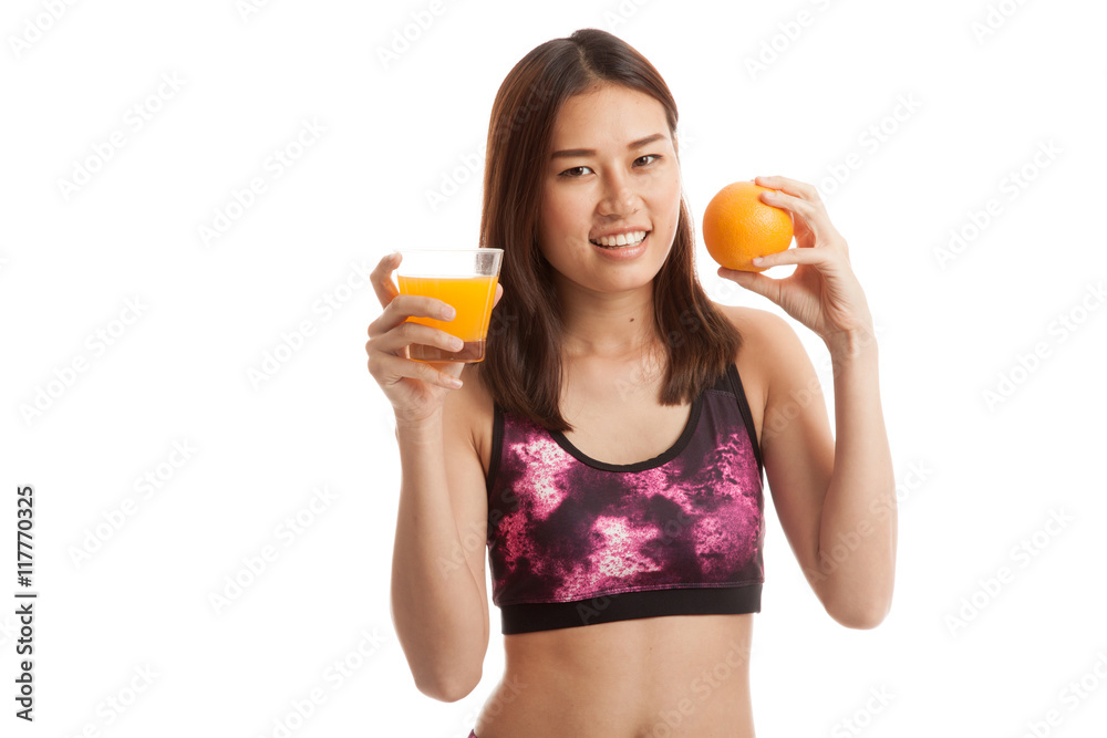 Beautiful Asian healthy girl with orange juice and orange fruit.