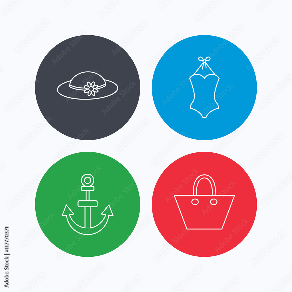 Anchor, ladies handbag and swimsuit icons. Anchor, ladies handbag and swimsuit icons.