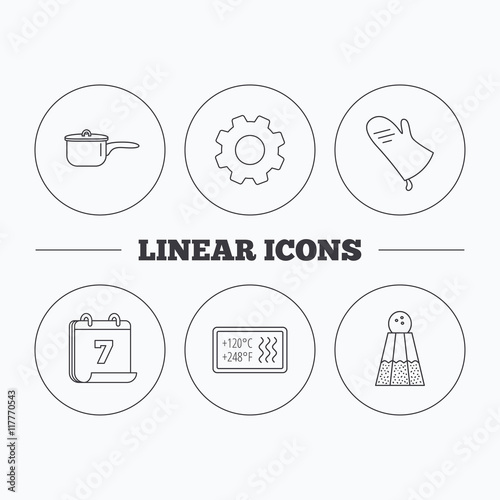 Saucepan, potholder and salt icons.