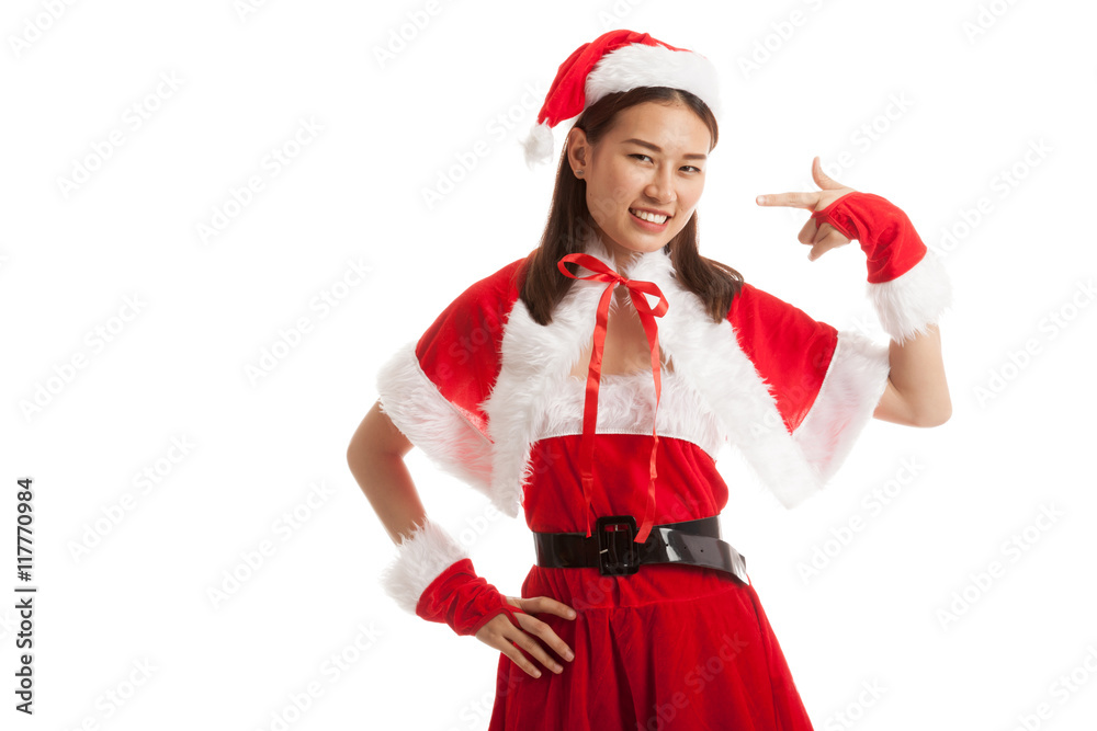 Asian Christmas Santa Claus girl  point to blank space.