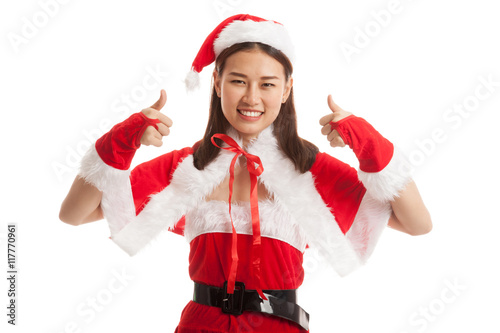 Asian Christmas Santa Claus girl  show thumbs up.