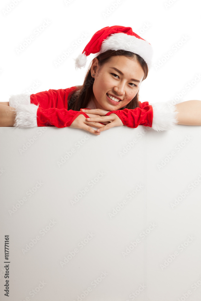 Asian Christmas Santa Claus girl with blank sign. Asian Christmas Santa Claus girl with blank sign.