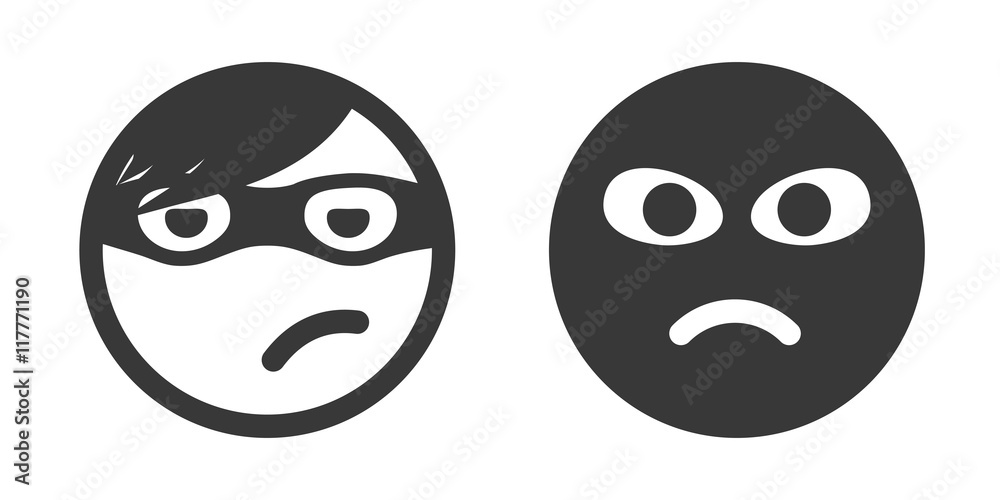 Thief smiley icon set. Theft performer. Robber emoticon. Unknown person with black mask on face. Stealing process participant icon. Thief smiley icon set. Theft performer. Robber emoticon. Unknown person with black mask on face. Stealing process participant icon.