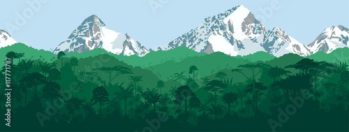 Vector horizontal seamless tropical rainforest Jungle with mountains background