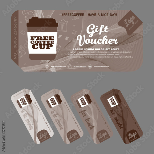 Bandle of gift voucher with additional elements vector illustration to increase the sales of coffee with background.