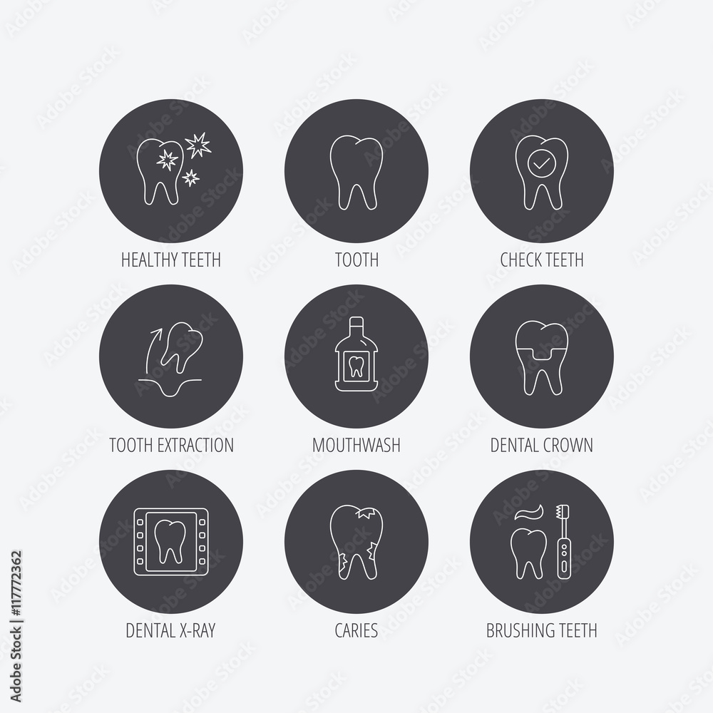 Tooth, dental crown and mouthwash icons. Caries.