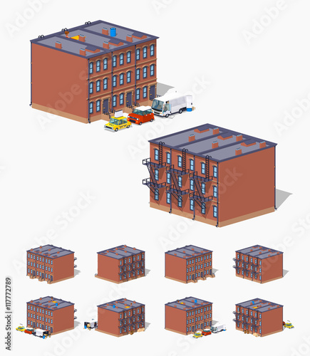 Brownstone town house. 3D lowpoly isometric vector illustration. The set of objects isolated against the white background and shown from different sides