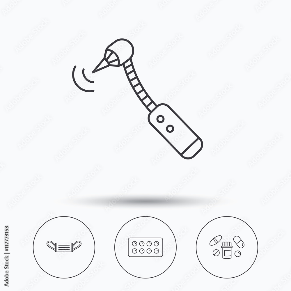 Medical mask, pills and drilling tool icons. Medical mask, pills and drilling tool icons.