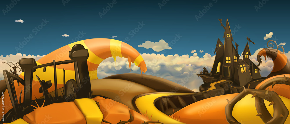 Halloween background. Cartoon landscape panorama. 3d vector graphics - obrazy, fototapety, plakaty 