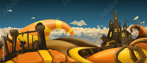 Halloween background. Cartoon landscape panorama. 3d vector graphics