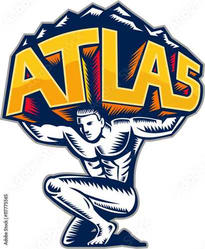 Atlas Lifting Mountain Kneeling Woodcut