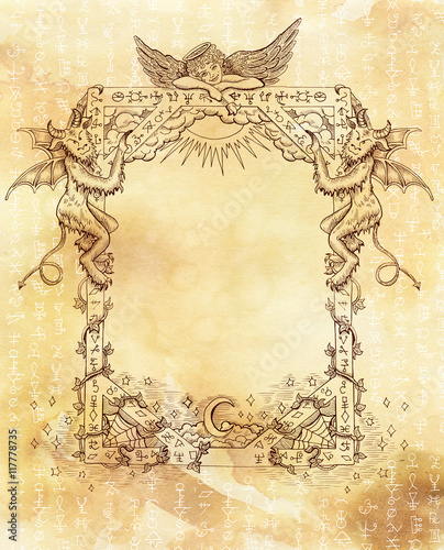 Fotografie Vintage frame with angel, demons and white mystic symbols